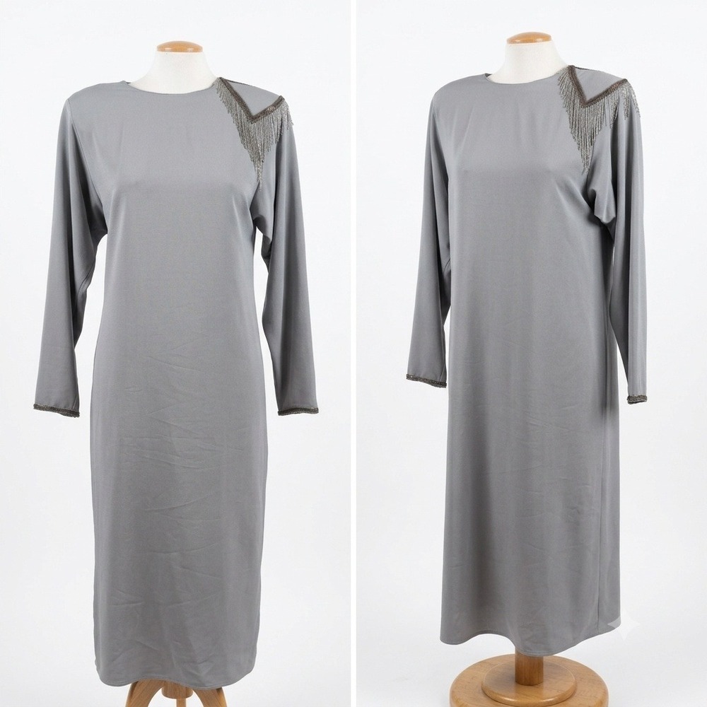 Vintage Caroma Paris Rome Gray Midi Dress Beaded Fringe Shoulder 80s Womens 10